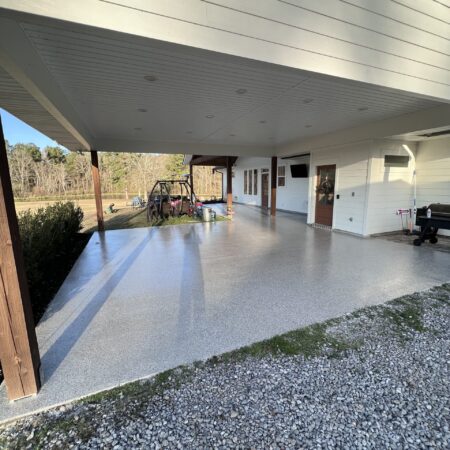 epoxy flooring garage cost Covington Louisiana_The Prines_800sqft carport_patio_Loranger,La_clay stone flake5-min